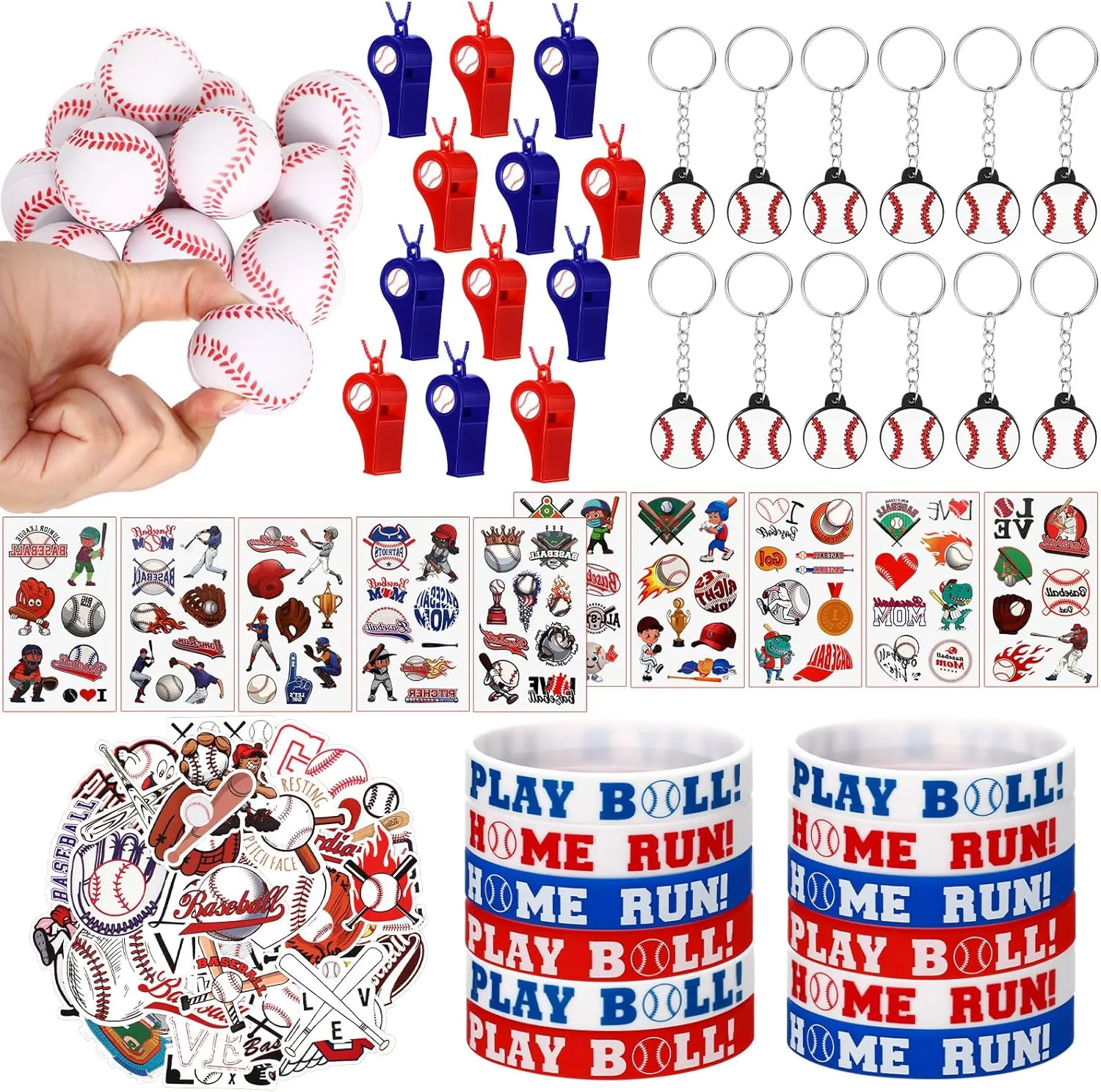 Aoriher 108 Pcs Sports Party Favors Set, Sports Party Themed Goodie Bag Fillers, Mini Sports Balls Whistle Silicone Bracelet Tattoo Sticker Temporary Keychain for Sport Party Supplies(Baseball)