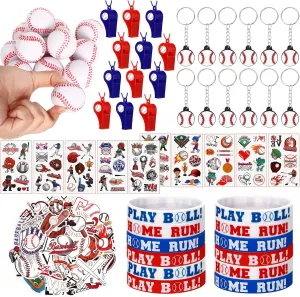 Aoriher 108 Pcs Sports Party Favors Set, Sports Party Themed Goodie Bag Fillers, Mini Sports Balls Whistle Silicone Bracelet Tattoo Sticker Temporary Keychain for Sport Party Supplies(Baseball)