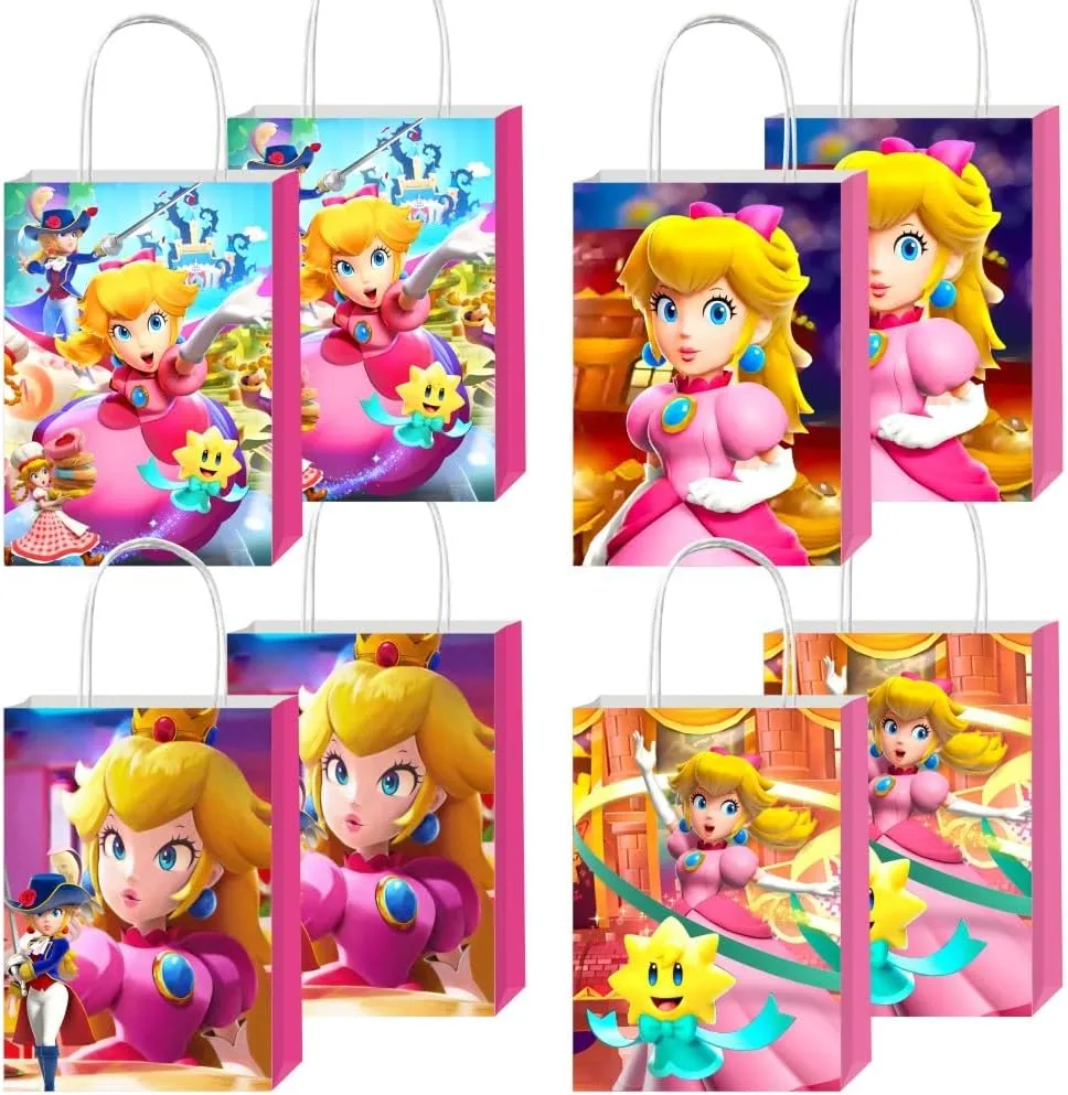 ARHAVI 12pcs Princess of Peach Gift Bags Goodie Bags with Handles for Girls Birthday Party Supplies Decorations