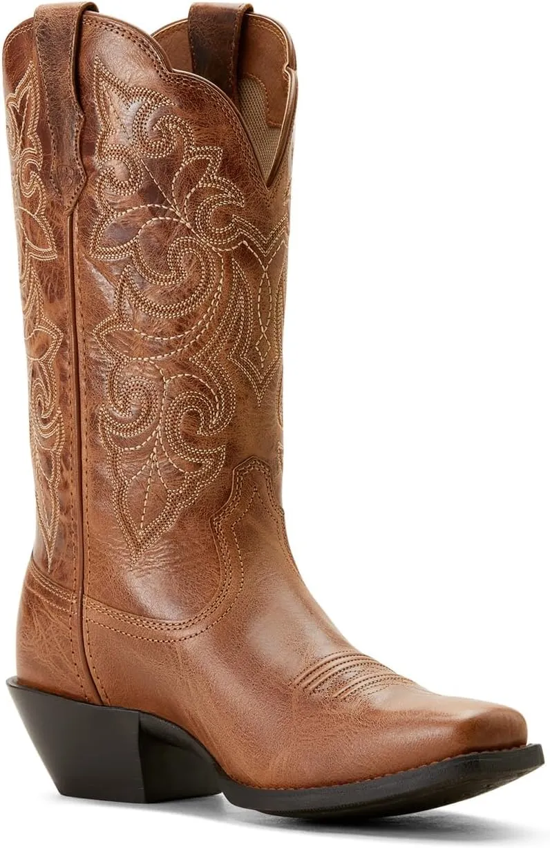 ARIAT Womens Round Up Embroidery Square Toe Casual Boots Mid Calf Low Heel 1-2" - Brown