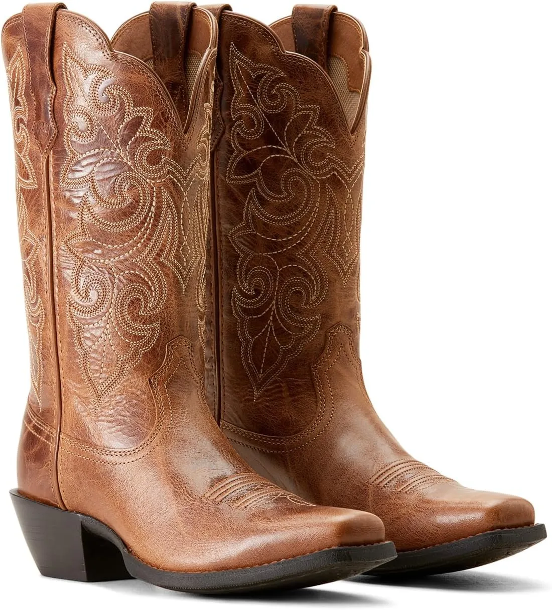 ARIAT Womens Round Up Embroidery Square Toe Casual Boots Mid Calf Low Heel 1-2" - Brown