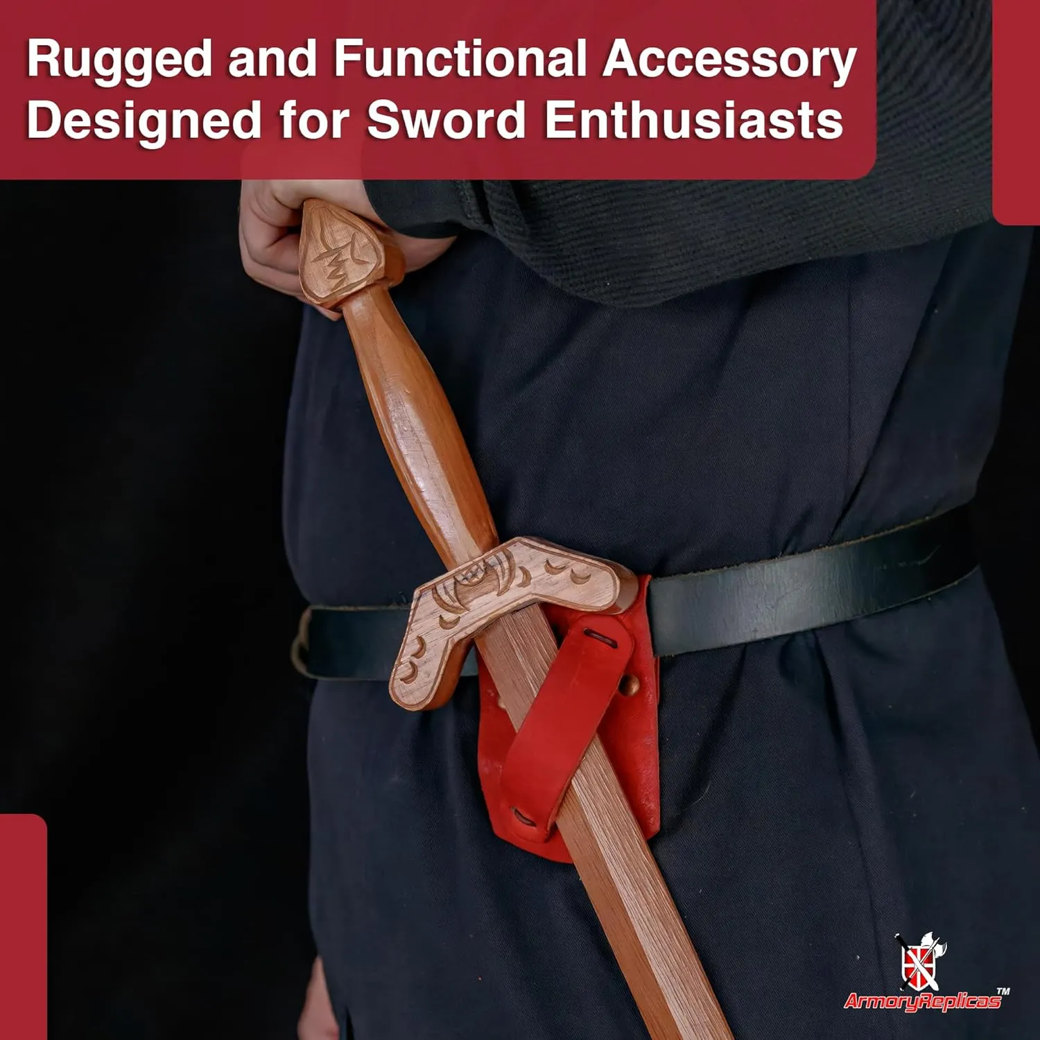 Armory Replicas™Right-Handed Leather Sword Frog – Durable Rawhide Leather Holder for Sword, Axe, or Weapon with 1.5" Belt Loop