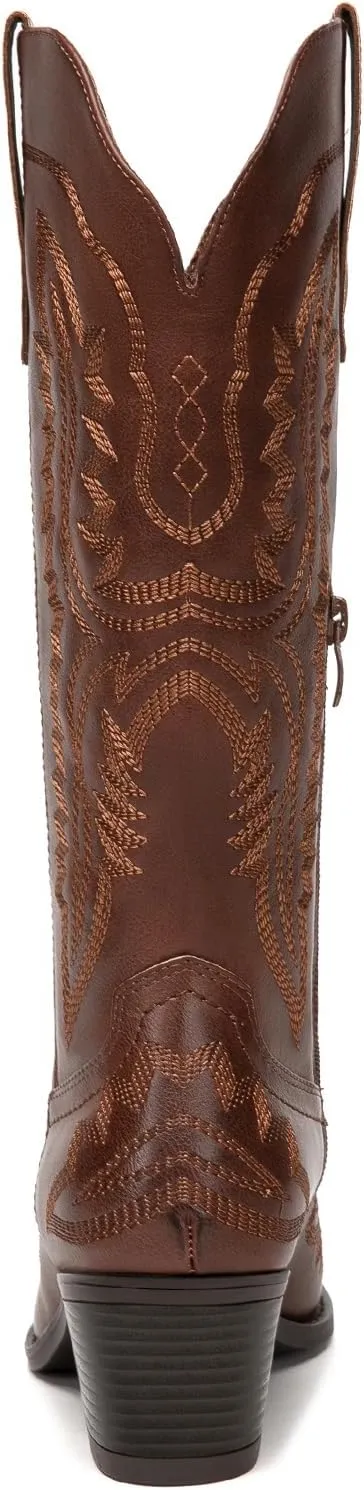 Athlefit Cowboy Boots for Women Western Cowgirl Square Toe boots Embroidery Chunky Heel Mid-Calf Boots