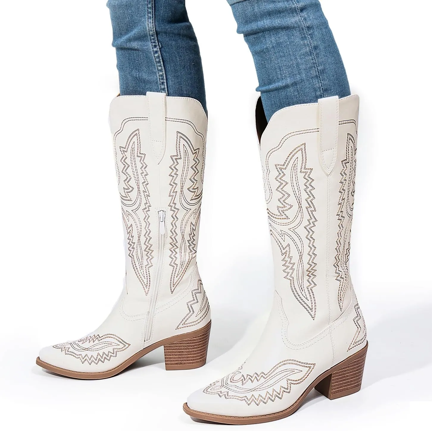 Athlefit Cowboy Boots for Women Western Cowgirl Square Toe boots Embroidery Chunky Heel Mid-Calf Boots