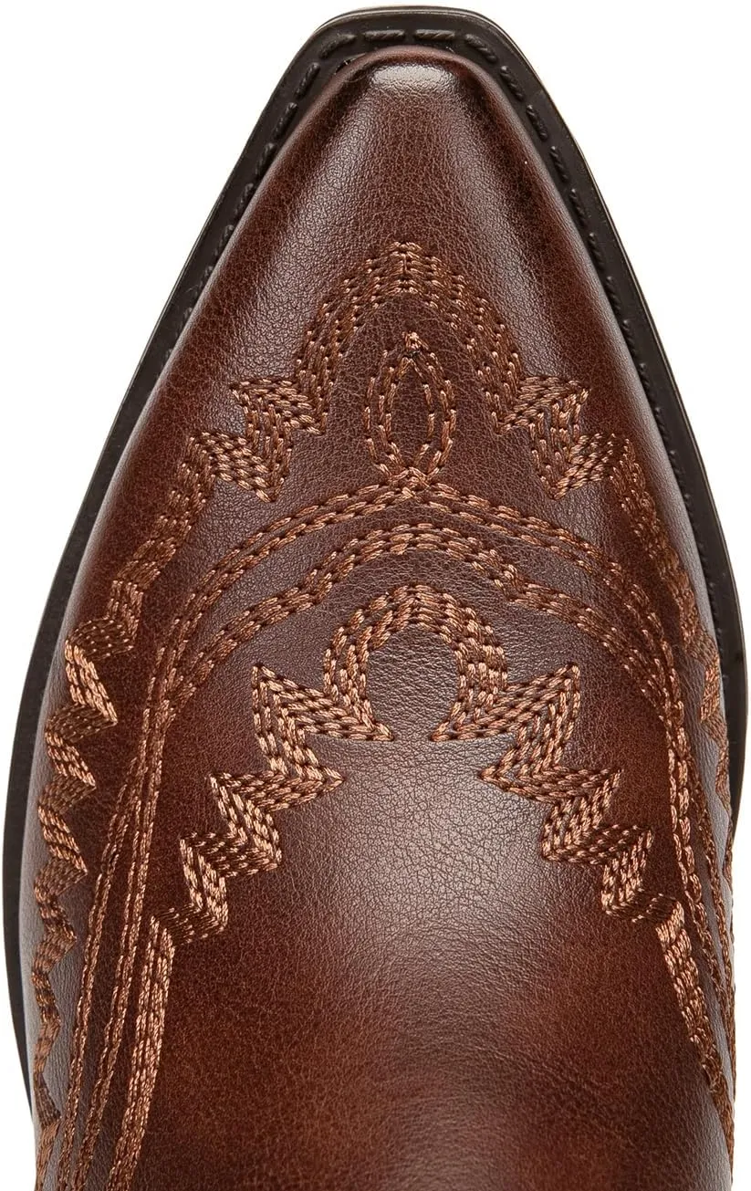 Athlefit Cowboy Boots for Women Western Cowgirl Square Toe boots Embroidery Chunky Heel Mid-Calf Boots