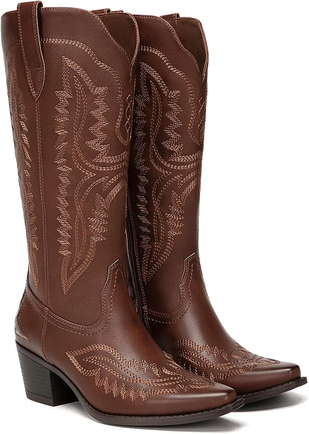 Athlefit Cowboy Boots for Women Western Cowgirl Square Toe boots Embroidery Chunky Heel Mid-Calf Boots