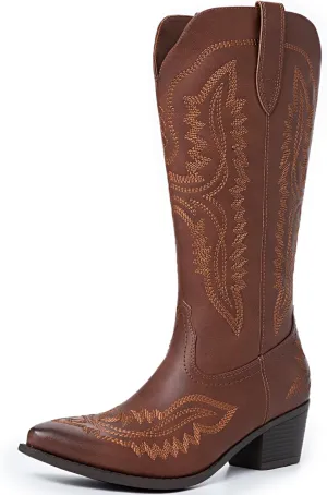 Athlefit Cowboy Boots for Women Western Cowgirl Square Toe boots Embroidery Chunky Heel Mid-Calf Boots