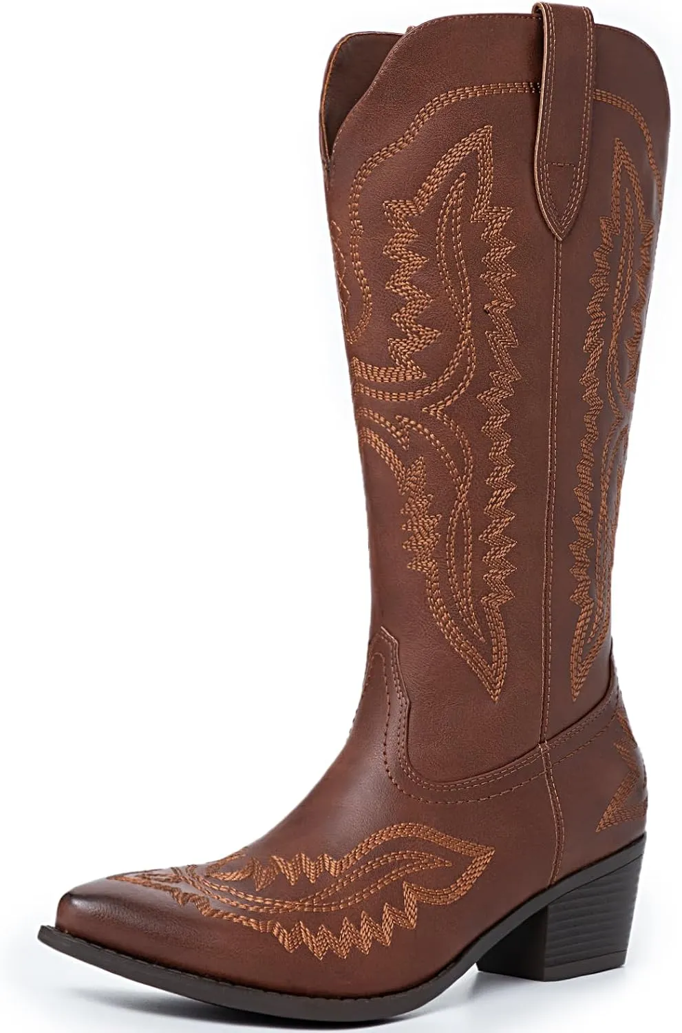 Athlefit Cowboy Boots for Women Western Cowgirl Square Toe boots Embroidery Chunky Heel Mid-Calf Boots