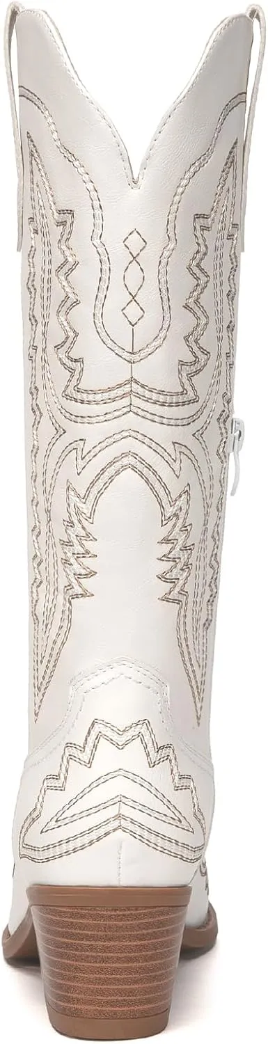 Athlefit Cowboy Boots for Women Western Cowgirl Square Toe boots Embroidery Chunky Heel Mid-Calf Boots