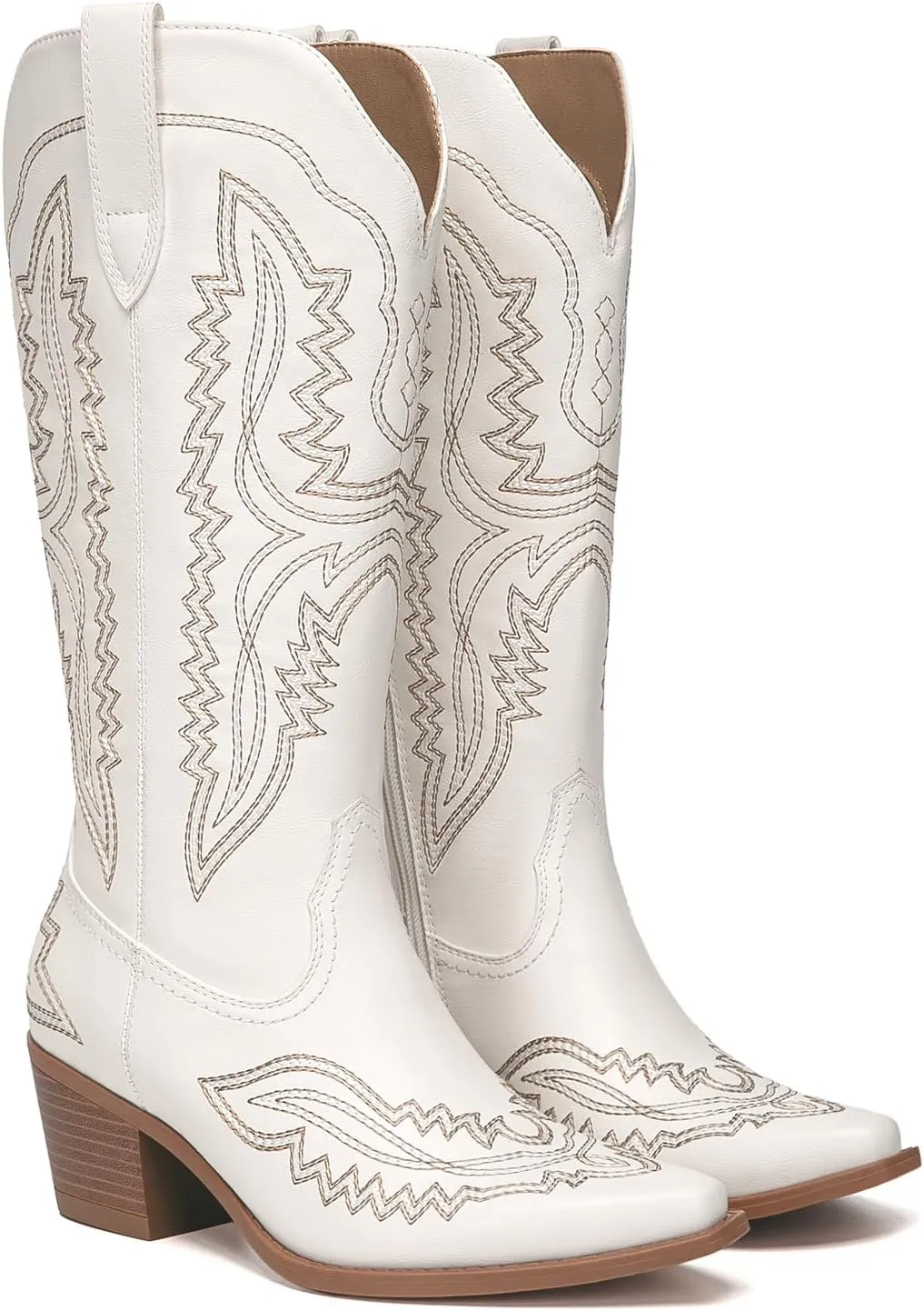 Athlefit Cowboy Boots for Women Western Cowgirl Square Toe boots Embroidery Chunky Heel Mid-Calf Boots