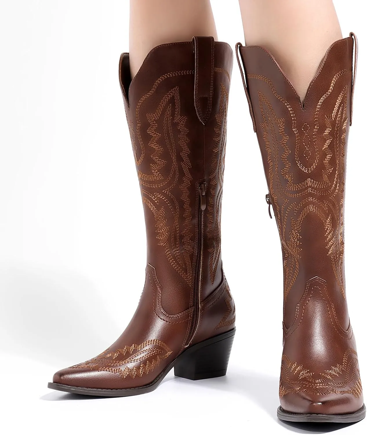 Athlefit Cowboy Boots for Women Western Cowgirl Square Toe boots Embroidery Chunky Heel Mid-Calf Boots