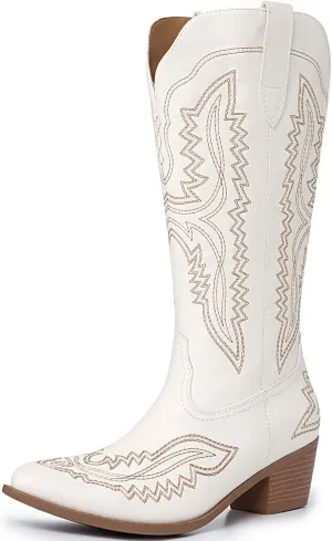 Athlefit Cowboy Boots for Women Western Cowgirl Square Toe boots Embroidery Chunky Heel Mid-Calf Boots