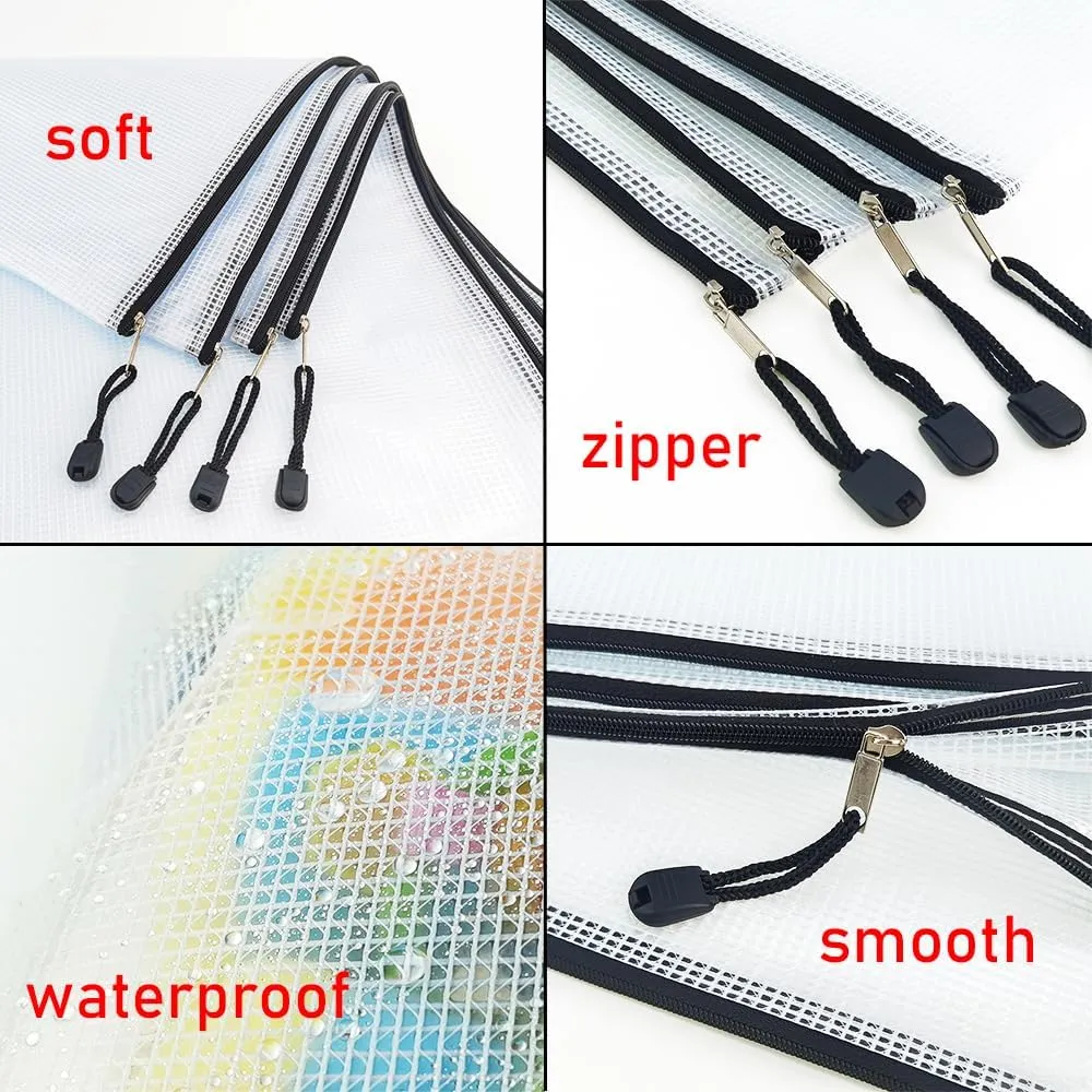AUSTARK 10 Pcs Zipper File Bags, Waterproof Plastic Mesh Pouch for Office School, Board Game Storage Bags (B6 Size 7.6''x5.3'', White and Black)