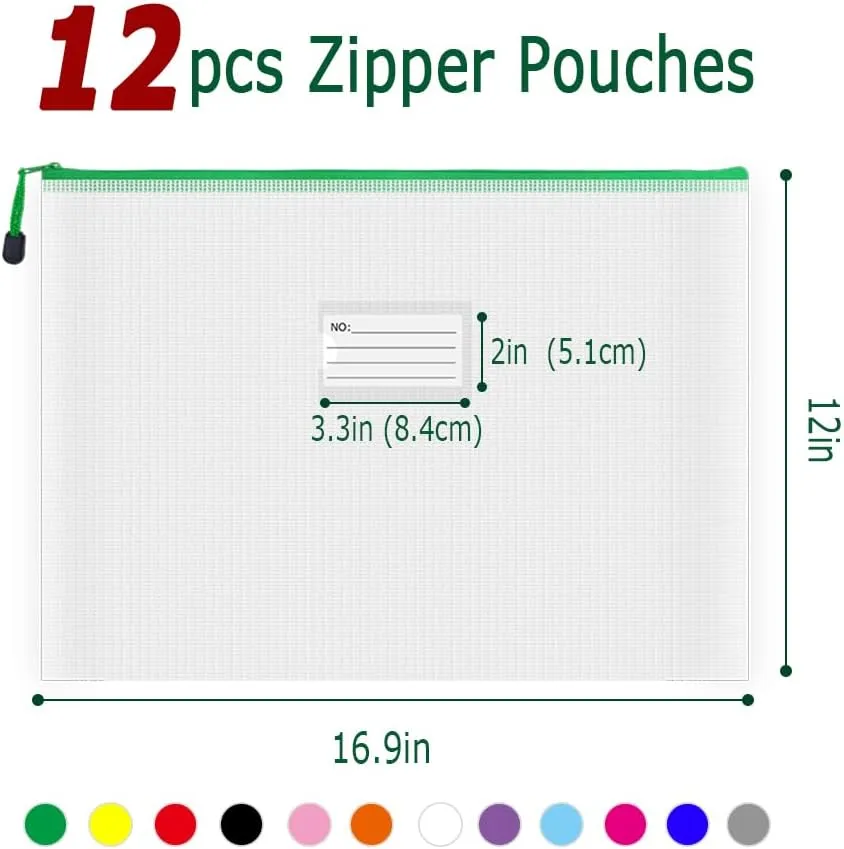 AUSTARK Plastic Mesh Zipper Pouch, 12Pcs Zipper File Bags with Label Pocket, A3 Size 16.9x12in, White