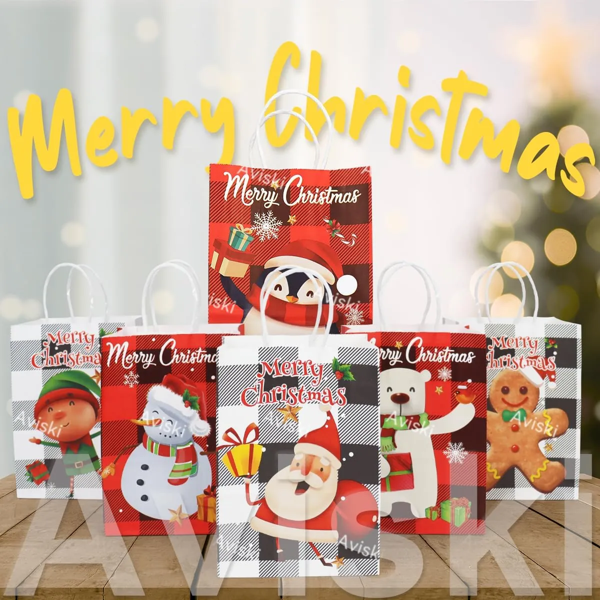 Aviski 36PCS Assorted Bags with Handles - Xmas Kraft Paper Bags with Christmas Prints for Gift Wrapping and Party Supplies