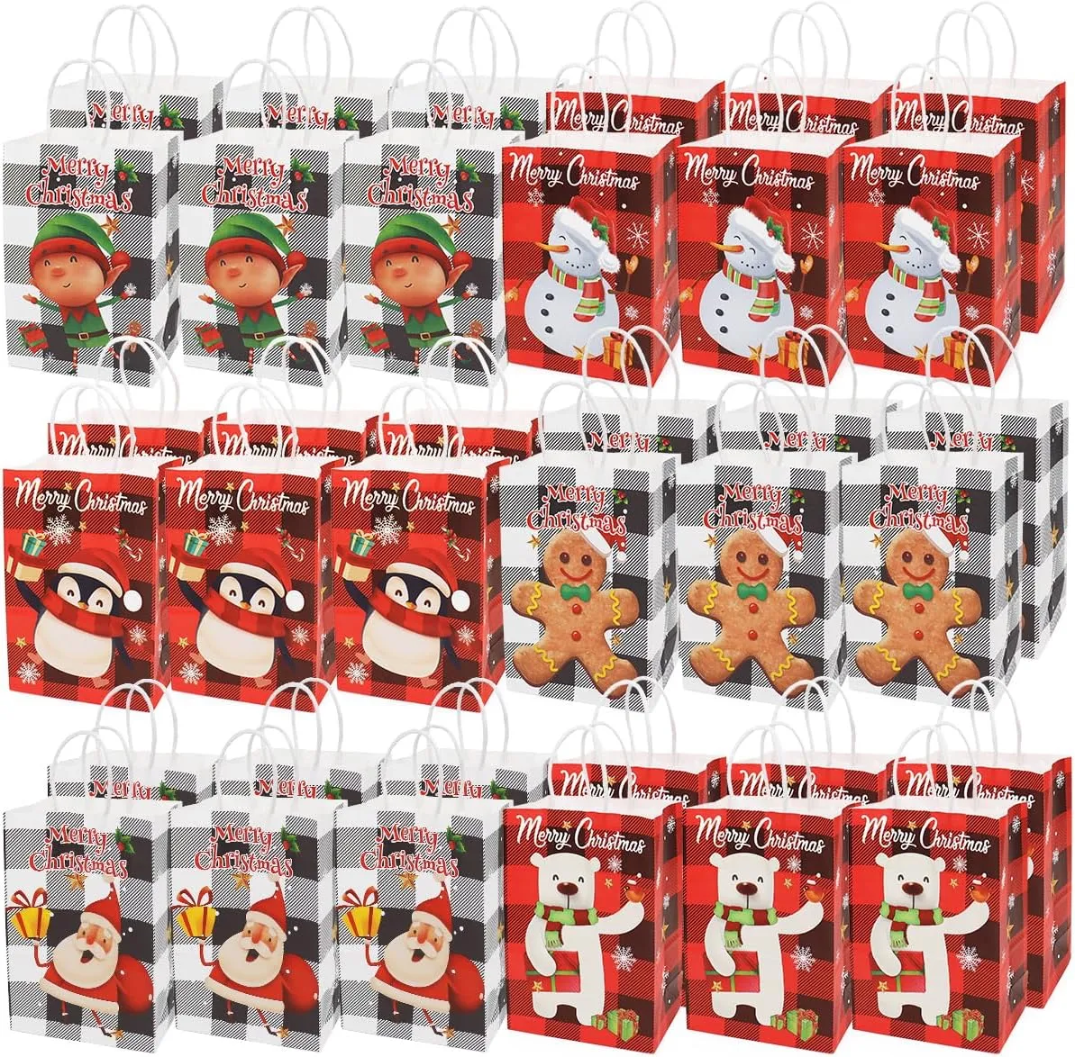 Aviski 36PCS Assorted Bags with Handles - Xmas Kraft Paper Bags with Christmas Prints for Gift Wrapping and Party Supplies