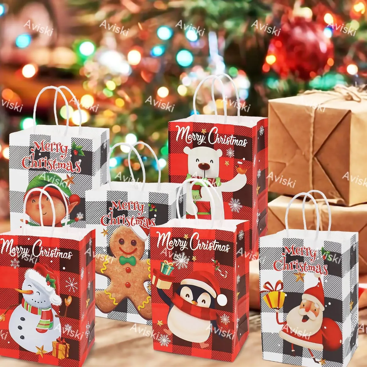 Aviski 36PCS Assorted Bags with Handles - Xmas Kraft Paper Bags with Christmas Prints for Gift Wrapping and Party Supplies