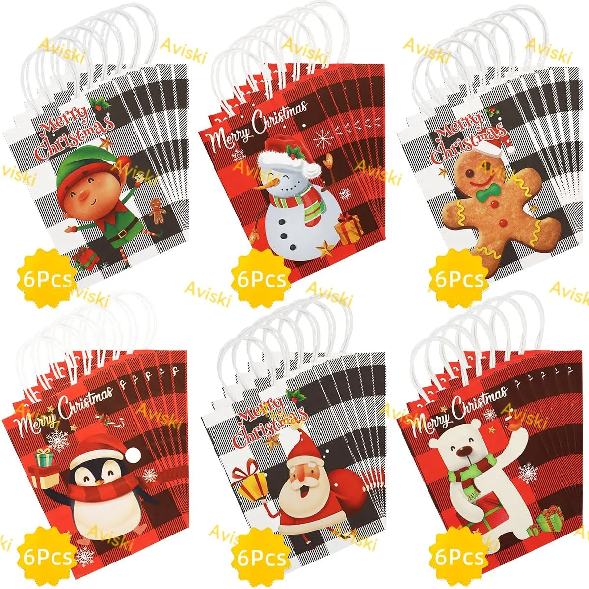 Aviski 36PCS Assorted Bags with Handles - Xmas Kraft Paper Bags with Christmas Prints for Gift Wrapping and Party Supplies