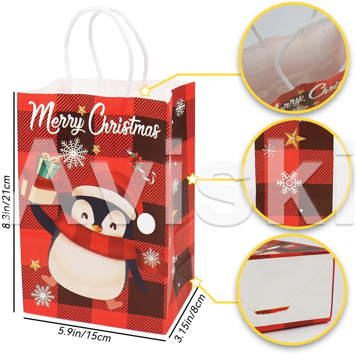 Aviski 36PCS Assorted Bags with Handles - Xmas Kraft Paper Bags with Christmas Prints for Gift Wrapping and Party Supplies