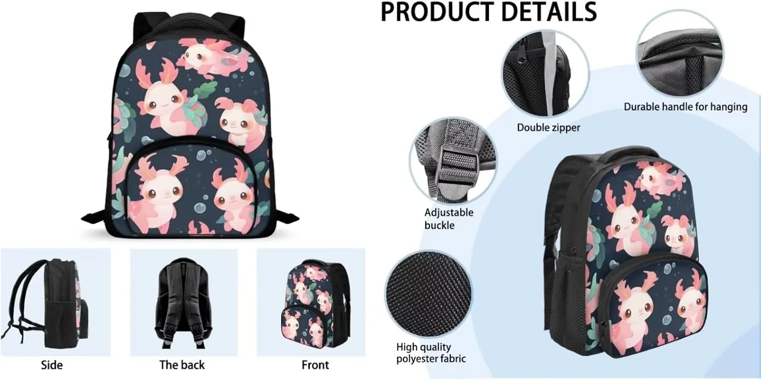 Axolotl Kids School Backpack for Girls 1st Grade Hiking Backpack Primary Girls Backpacks School Bags for Elementary Teens School Bag Gift for Children/Kids on Back To School
