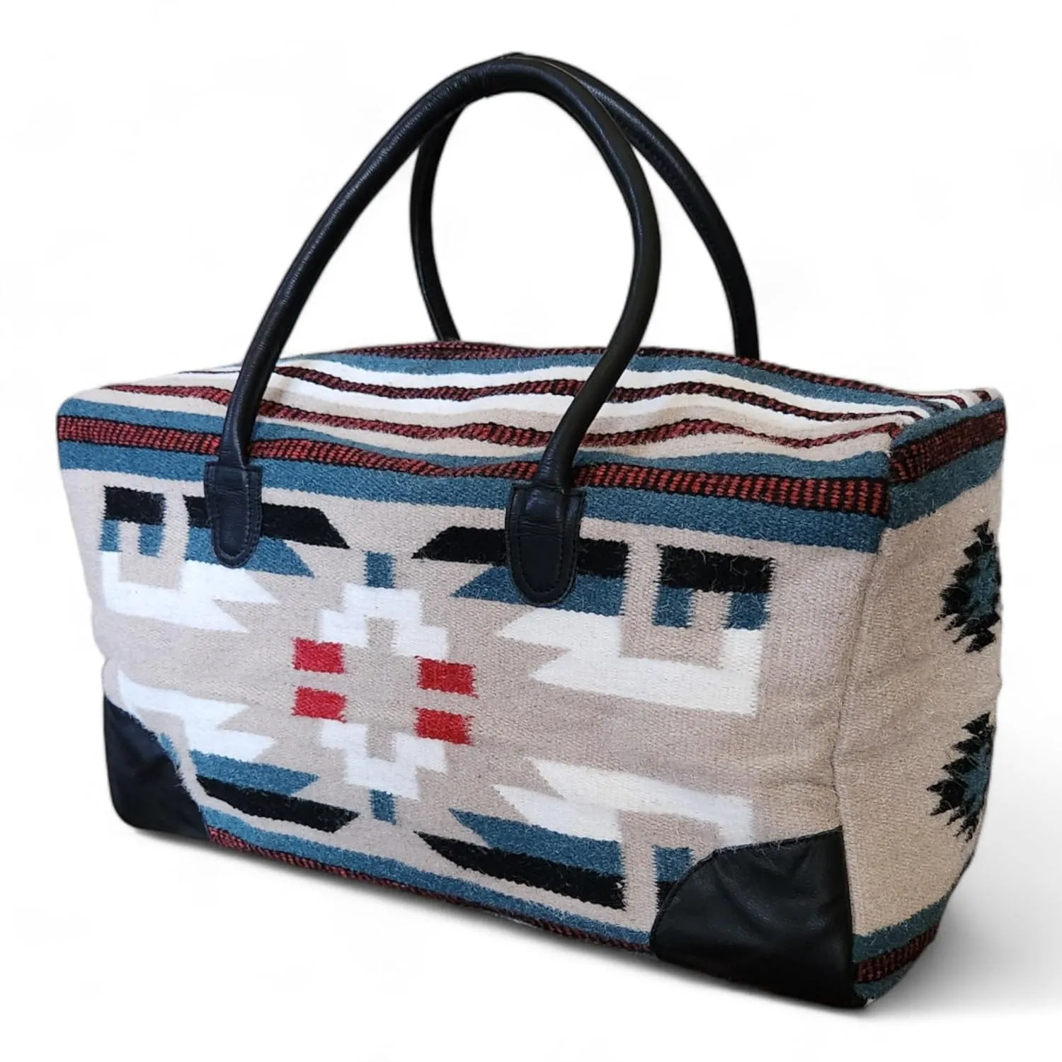 Aztec Large Weekender Southwestern Duffel Bag Saddle Blanket Bag 100% Leather Handles (Sahara)