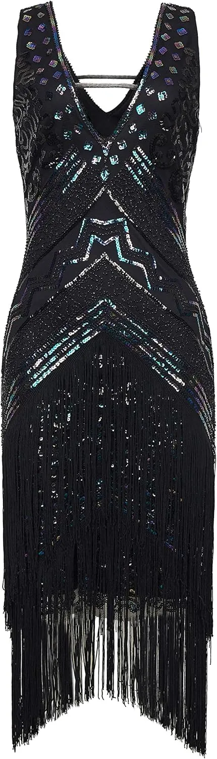 BABEYOND 1920s Flapper Dress V Neck Sequin Beaded Dress Roaring 20s Gatsby Fringe Party Dress