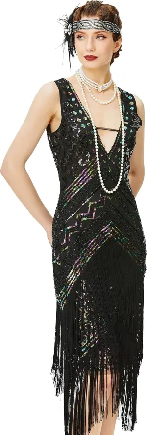 BABEYOND 1920s Flapper Dress V Neck Sequin Beaded Dress Roaring 20s Gatsby Fringe Party Dress