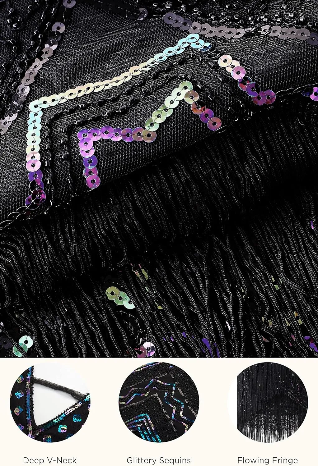 BABEYOND 1920s Flapper Dress V Neck Sequin Beaded Dress Roaring 20s Gatsby Fringe Party Dress