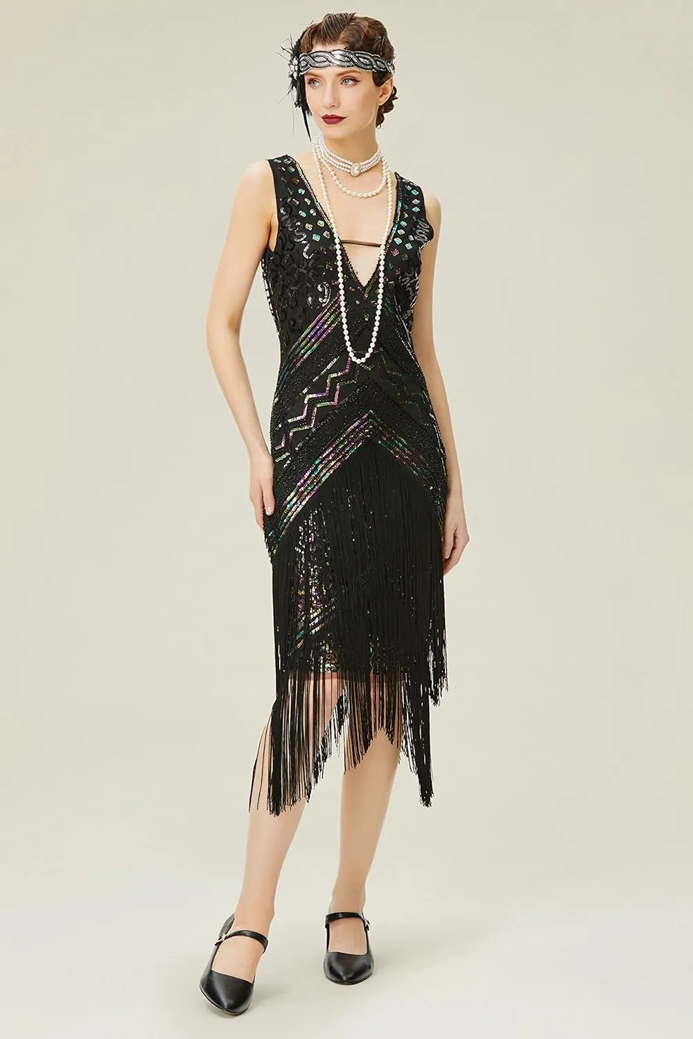 BABEYOND 1920s Flapper Dress V Neck Sequin Beaded Dress Roaring 20s Gatsby Fringe Party Dress