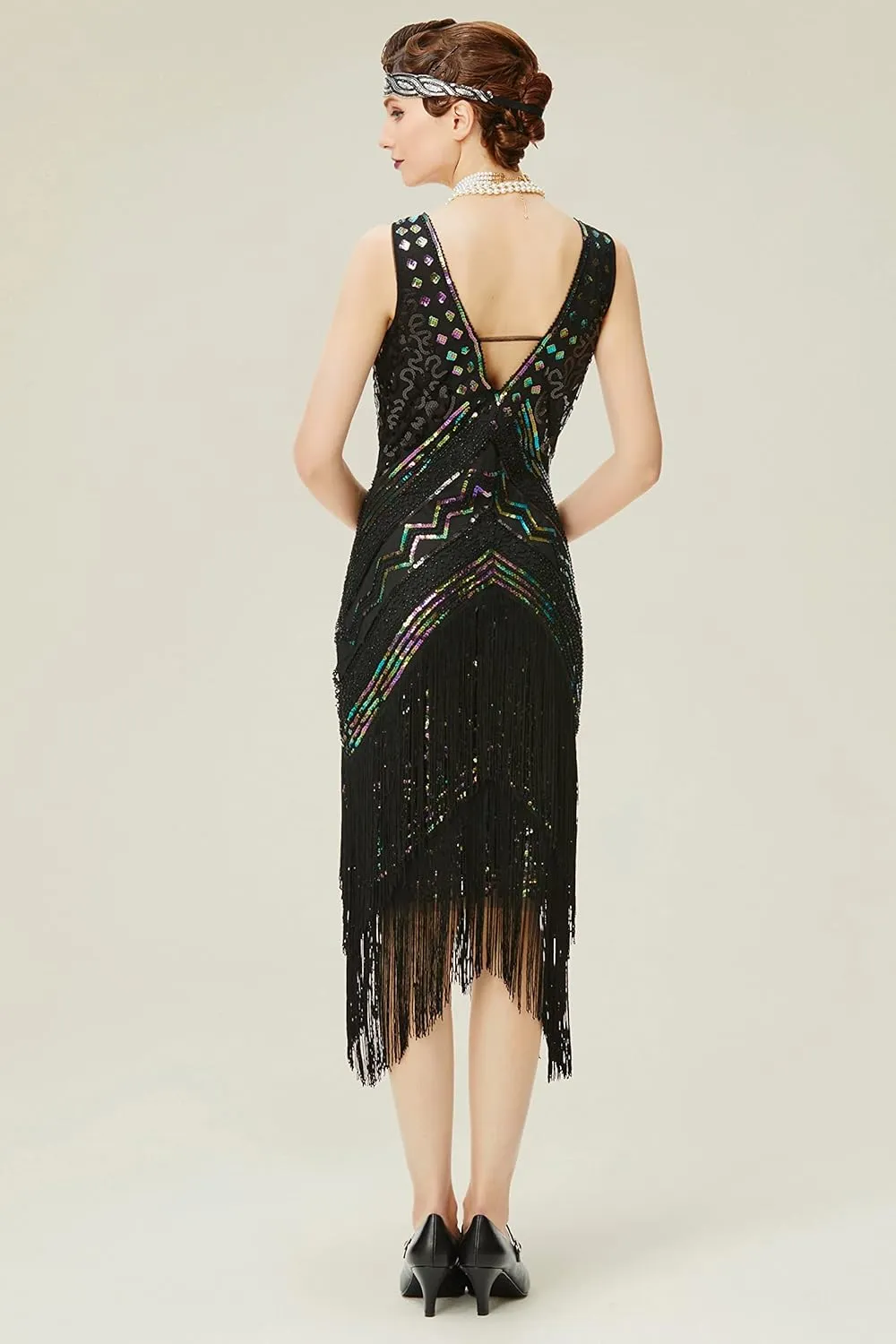 BABEYOND 1920s Flapper Dress V Neck Sequin Beaded Dress Roaring 20s Gatsby Fringe Party Dress