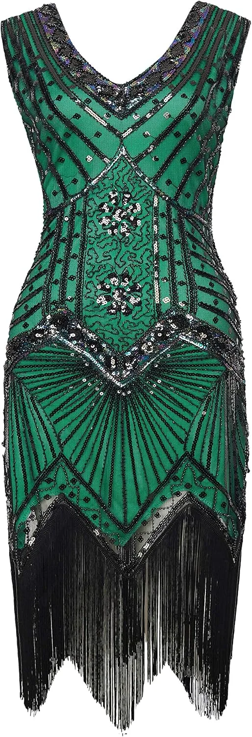 BABEYOND Women's Plus Size Flapper Dresses 1920s V Neck Beaded Fringed Great Gatsby Dress