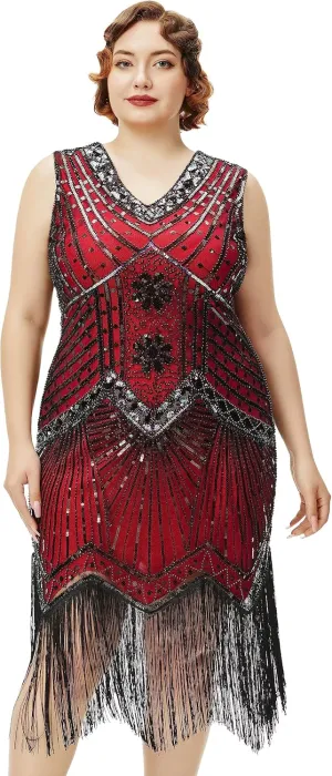 BABEYOND Women's Plus Size Flapper Dresses 1920s V Neck Beaded Fringed Great Gatsby Dress