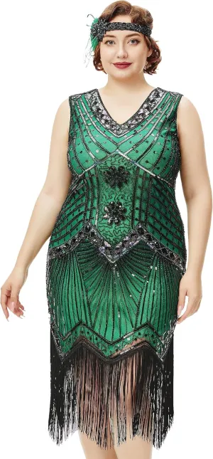 BABEYOND Women's Plus Size Flapper Dresses 1920s V Neck Beaded Fringed Great Gatsby Dress