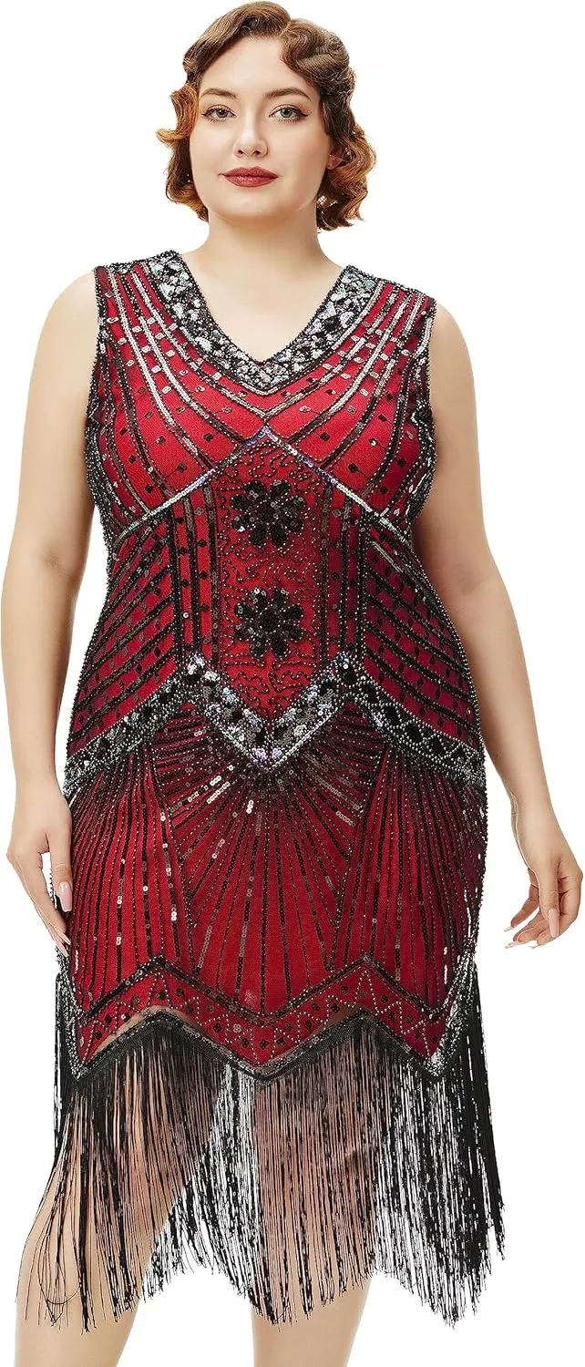 BABEYOND Women's Plus Size Flapper Dresses 1920s V Neck Beaded Fringed Great Gatsby Dress