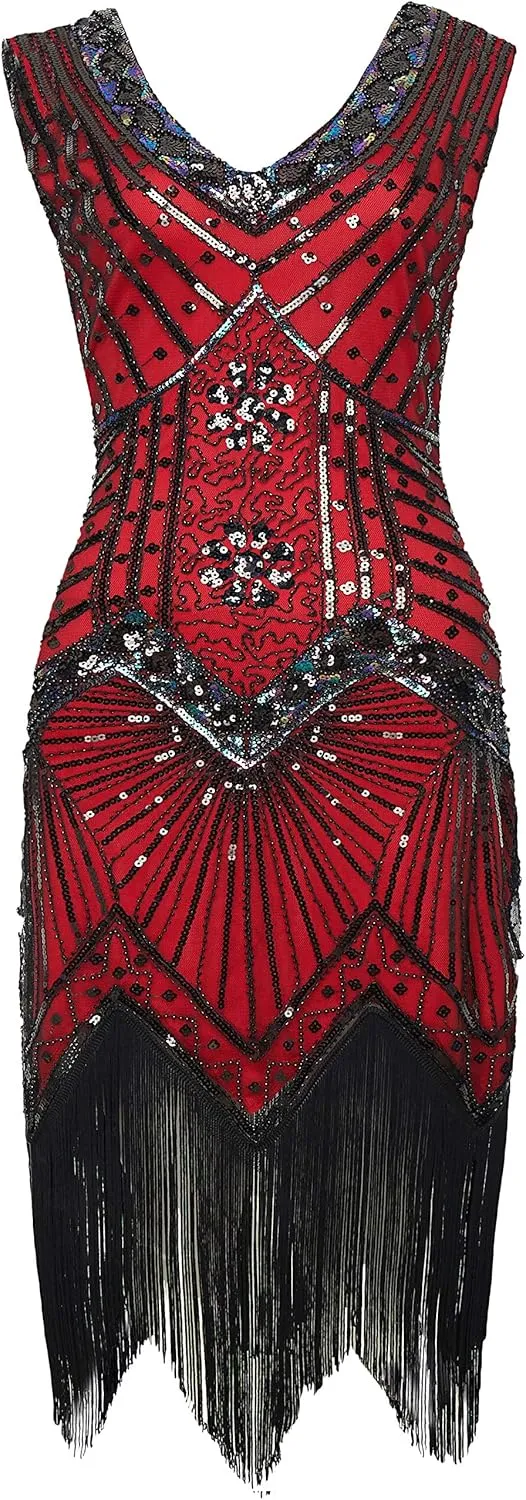 BABEYOND Women's Plus Size Flapper Dresses 1920s V Neck Beaded Fringed Great Gatsby Dress