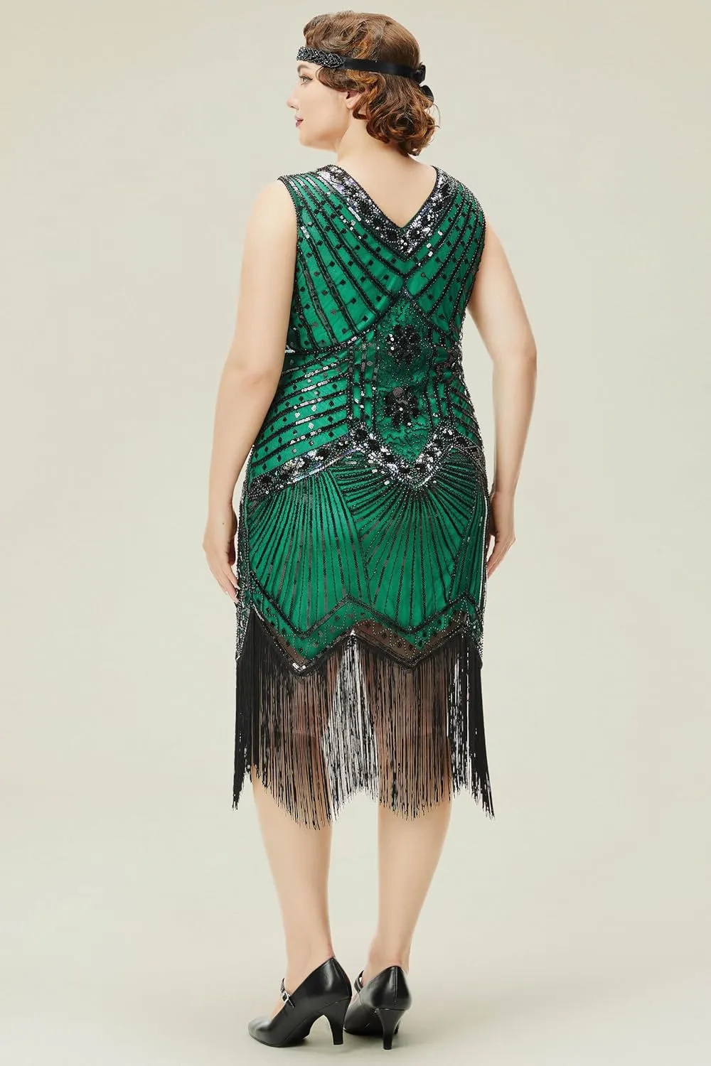 BABEYOND Women's Plus Size Flapper Dresses 1920s V Neck Beaded Fringed Great Gatsby Dress