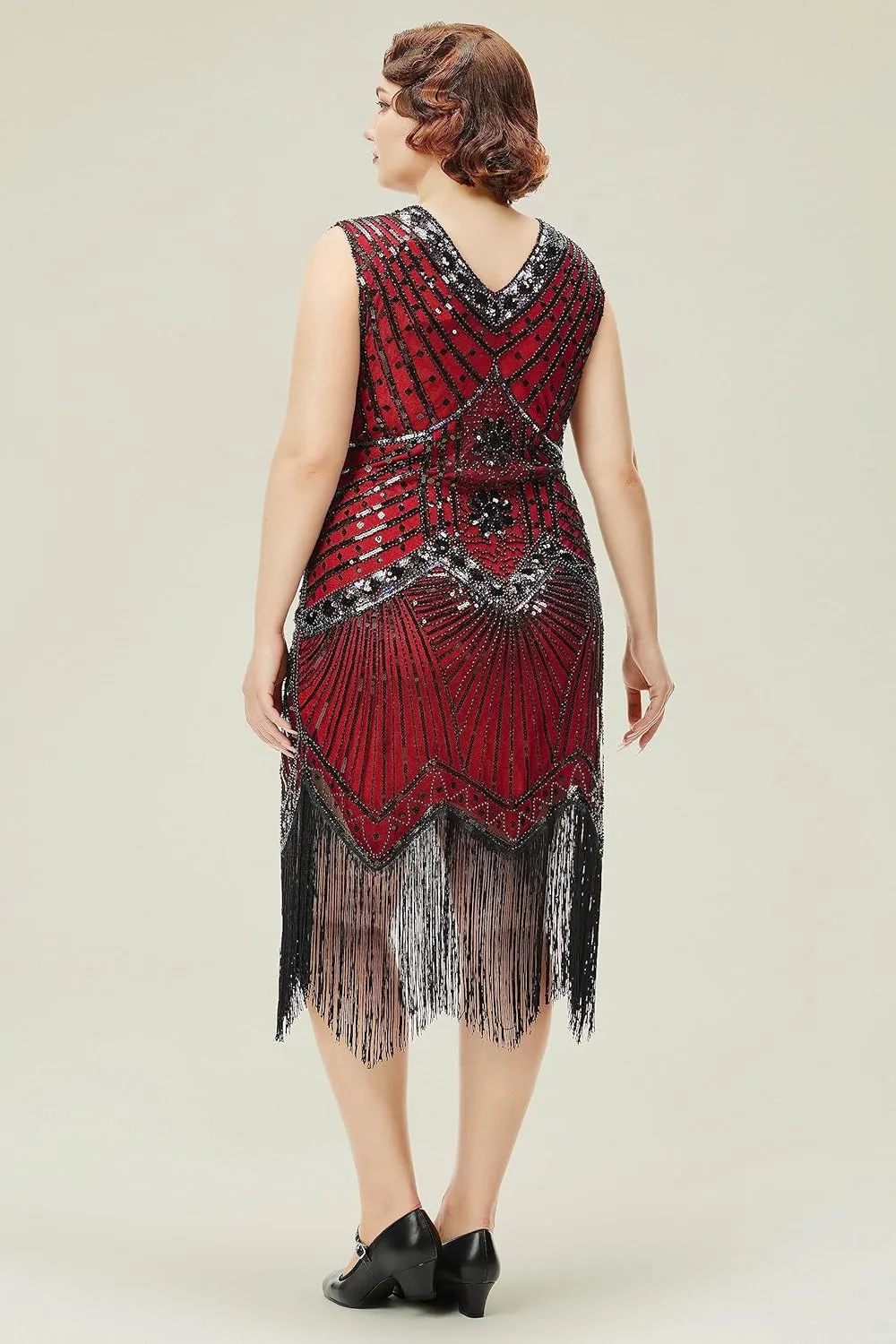 BABEYOND Women's Plus Size Flapper Dresses 1920s V Neck Beaded Fringed Great Gatsby Dress