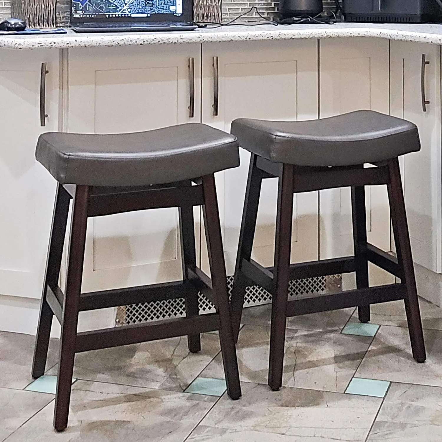Bar Stools Set of 3, Barstools with Sturdy Wood Legs, Saddle Seat Counter Height Bar Stools for Kitchen Counter, Bar, Dining, 24 Inch Farmhouse Counter Stools, Dark Gray Leather