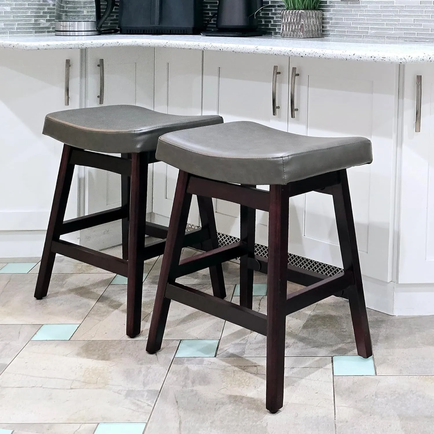 Bar Stools Set of 3, Barstools with Sturdy Wood Legs, Saddle Seat Counter Height Bar Stools for Kitchen Counter, Bar, Dining, 24 Inch Farmhouse Counter Stools, Dark Gray Leather