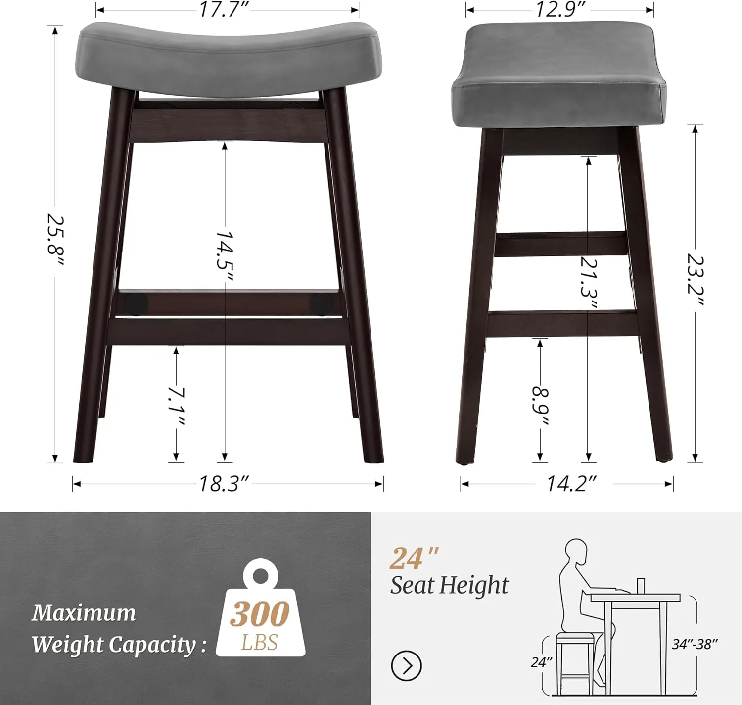 Bar Stools Set of 3, Barstools with Sturdy Wood Legs, Saddle Seat Counter Height Bar Stools for Kitchen Counter, Bar, Dining, 24 Inch Farmhouse Counter Stools, Dark Gray Leather