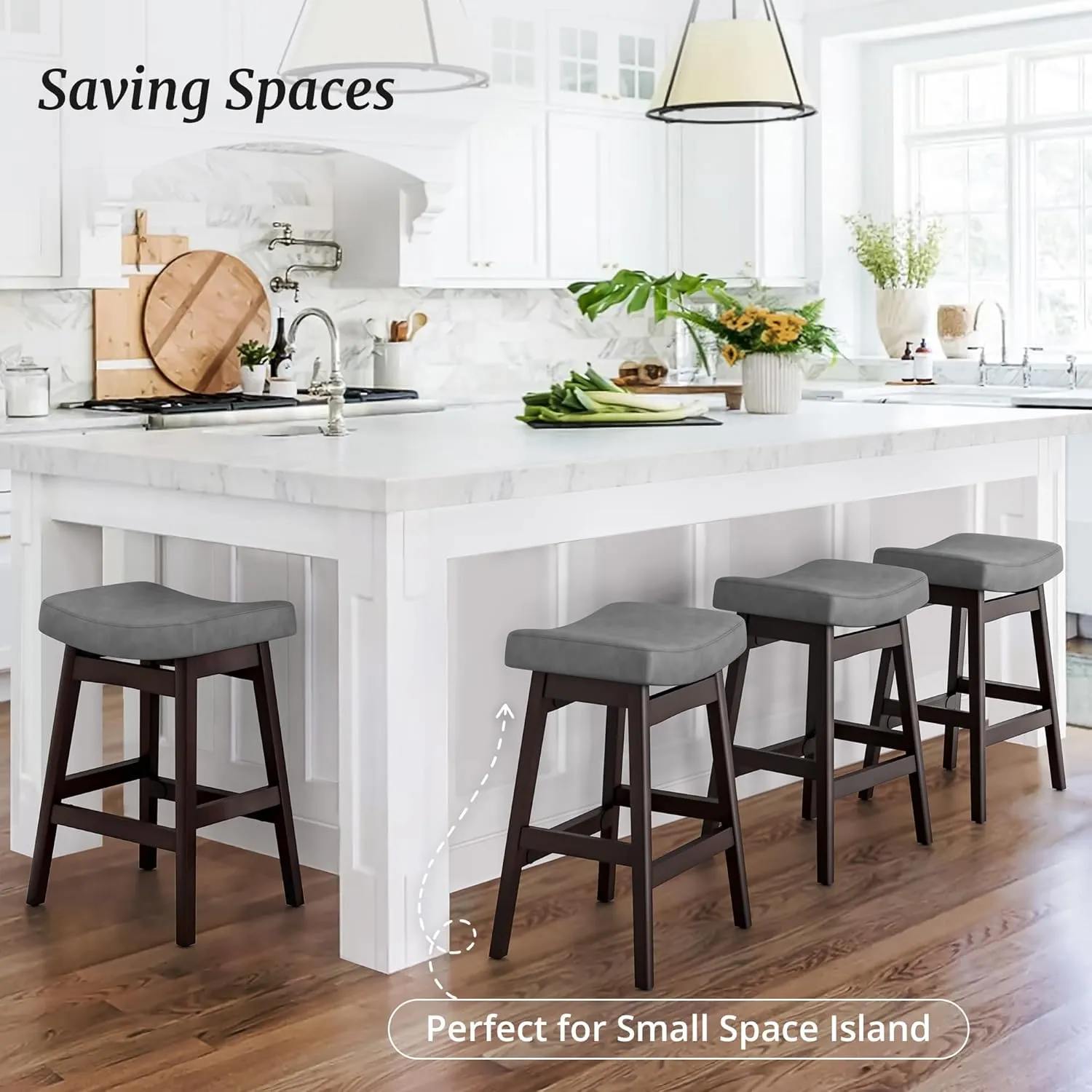 Bar Stools Set of 3, Barstools with Sturdy Wood Legs, Saddle Seat Counter Height Bar Stools for Kitchen Counter, Bar, Dining, 24 Inch Farmhouse Counter Stools, Dark Gray Leather