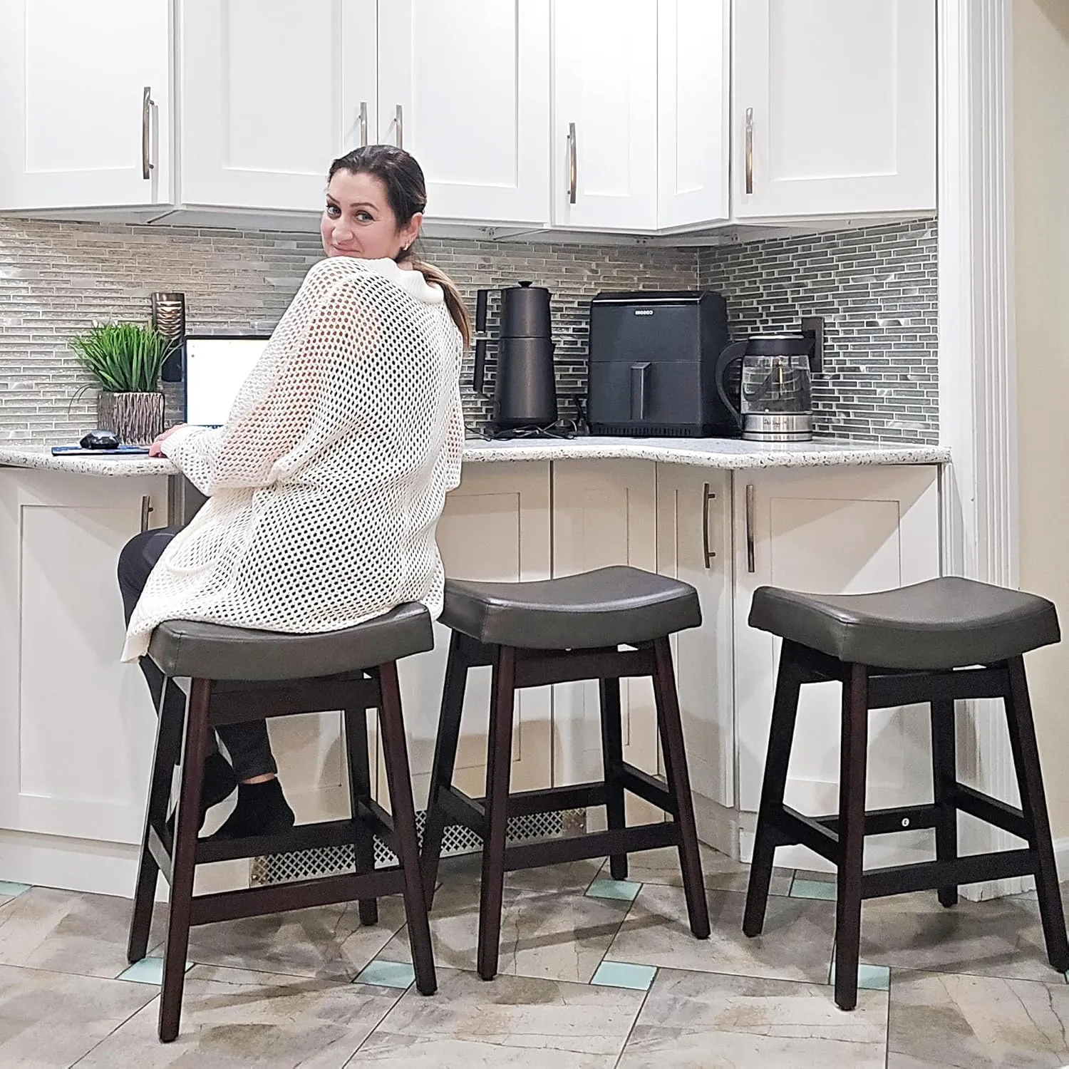 Bar Stools Set of 3, Barstools with Sturdy Wood Legs, Saddle Seat Counter Height Bar Stools for Kitchen Counter, Bar, Dining, 24 Inch Farmhouse Counter Stools, Dark Gray Leather