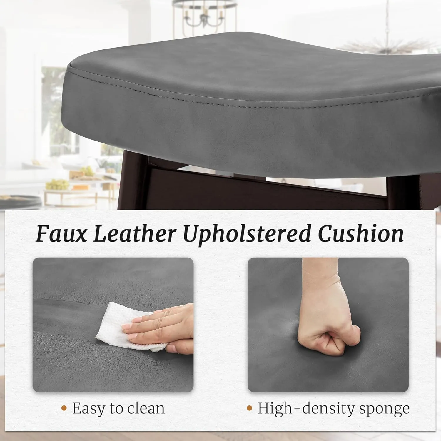 Bar Stools Set of 3, Barstools with Sturdy Wood Legs, Saddle Seat Counter Height Bar Stools for Kitchen Counter, Bar, Dining, 24 Inch Farmhouse Counter Stools, Dark Gray Leather