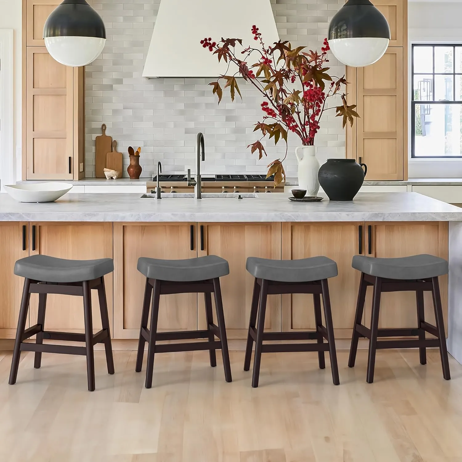 Bar Stools Set of 3, Barstools with Sturdy Wood Legs, Saddle Seat Counter Height Bar Stools for Kitchen Counter, Bar, Dining, 24 Inch Farmhouse Counter Stools, Dark Gray Leather