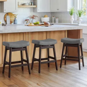 Bar Stools Set of 3, Barstools with Sturdy Wood Legs, Saddle Seat Counter Height Bar Stools for Kitchen Counter, Bar, Dining, 24 Inch Farmhouse Counter Stools, Dark Gray Leather