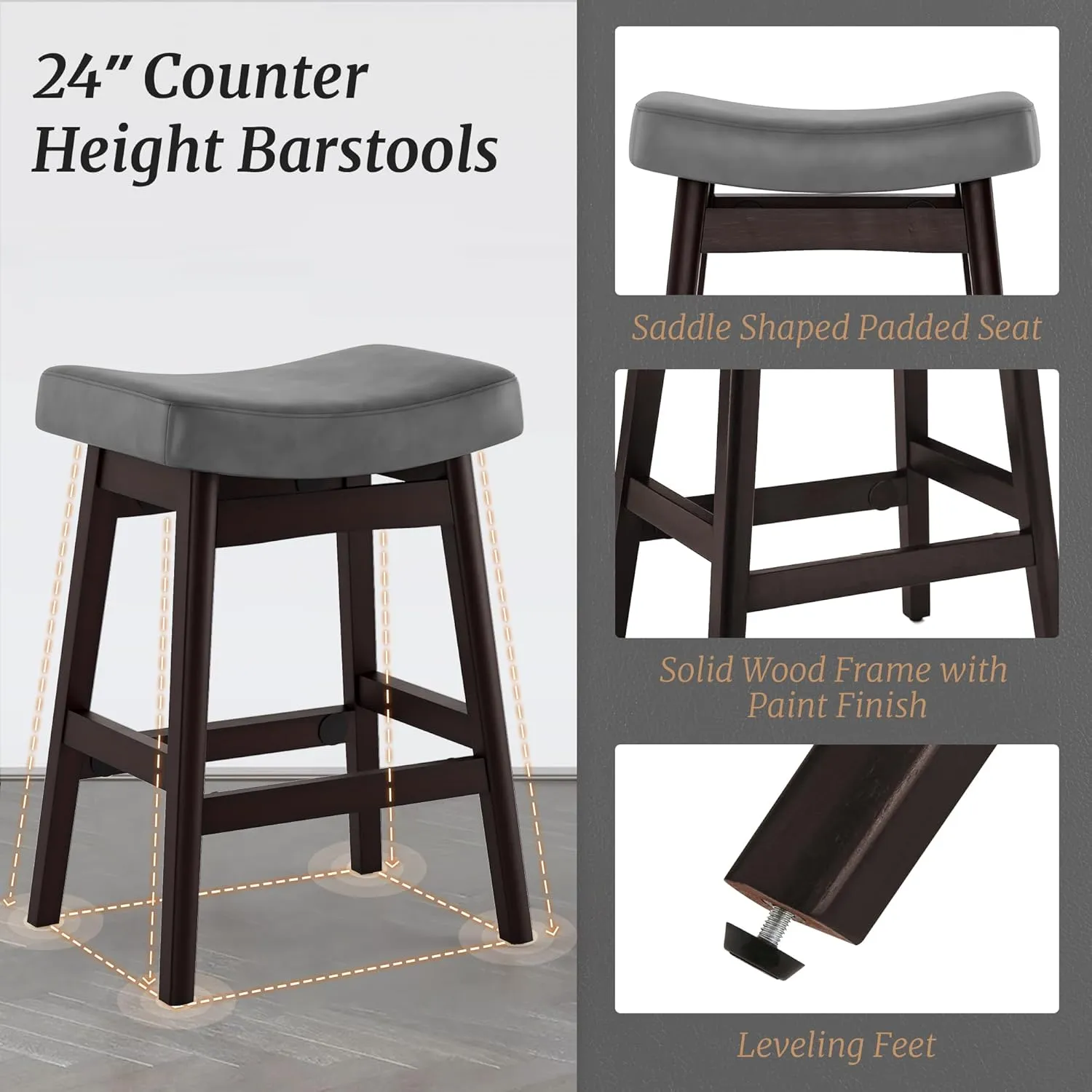 Bar Stools Set of 3, Barstools with Sturdy Wood Legs, Saddle Seat Counter Height Bar Stools for Kitchen Counter, Bar, Dining, 24 Inch Farmhouse Counter Stools, Dark Gray Leather