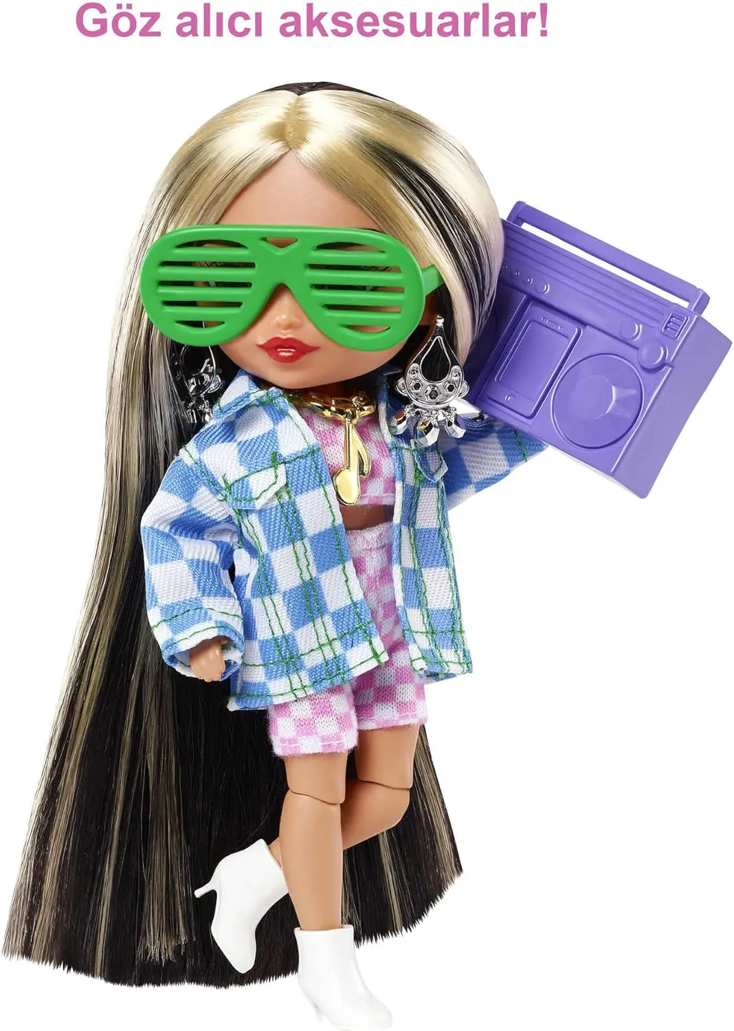 Barbie Extra Minis Doll #2 (5.5 in) Wearing Checkered 2-Piece Fashion & Jacket, with Doll Stand & Accessories Including Shutter Sunglasses and Boombox, Gift for Kids 3 Years Old & Up​