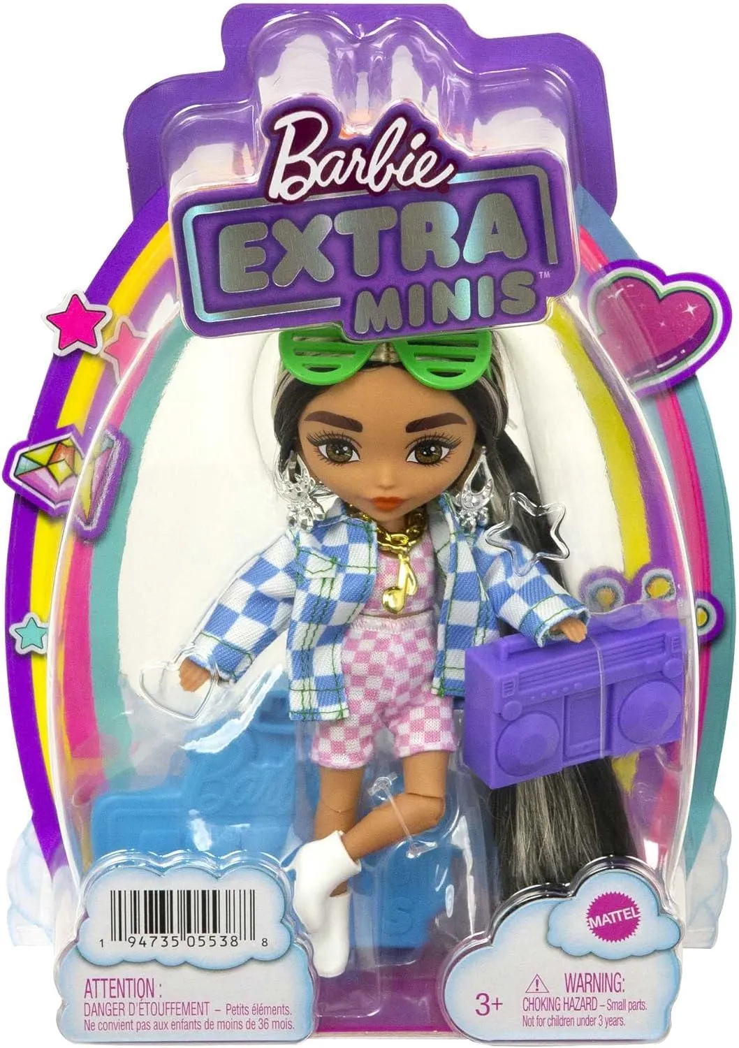 Barbie Extra Minis Doll #2 (5.5 in) Wearing Checkered 2-Piece Fashion & Jacket, with Doll Stand & Accessories Including Shutter Sunglasses and Boombox, Gift for Kids 3 Years Old & Up​