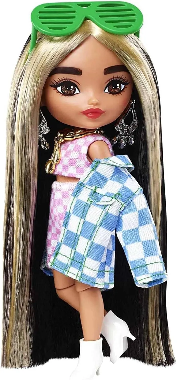 Barbie Extra Minis Doll #2 (5.5 in) Wearing Checkered 2-Piece Fashion & Jacket, with Doll Stand & Accessories Including Shutter Sunglasses and Boombox, Gift for Kids 3 Years Old & Up​