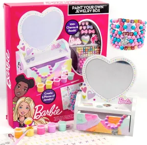 Barbie Paint Your Own Jewelry Box, Customize A Heart-Shaped Vanity & Jewelry Box with Acrylic Paints, Create 5 Pieces of Jewelry, 100  Charms & Beads, Bead Kit for Kids Ages 5, 6, 7, 8